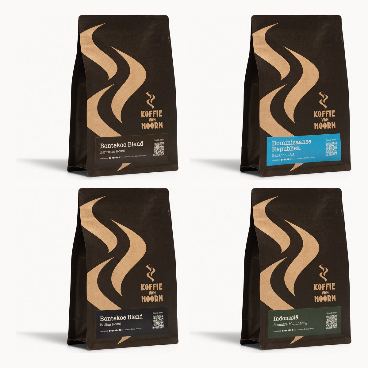 Classic proefpakket: Bontekoe Blend Espresso Roast, Barahona, Italian Roast en Sumatra